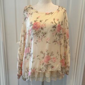 Sundance Cream Blouse with Pink Rose Print M